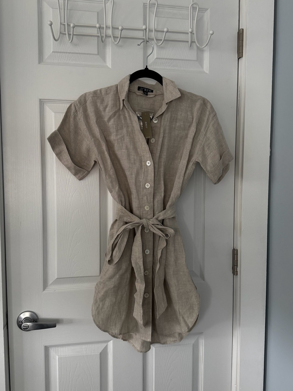 J. Crew Neutral Beige Linen Tie-Waist Shirt Mini Dress